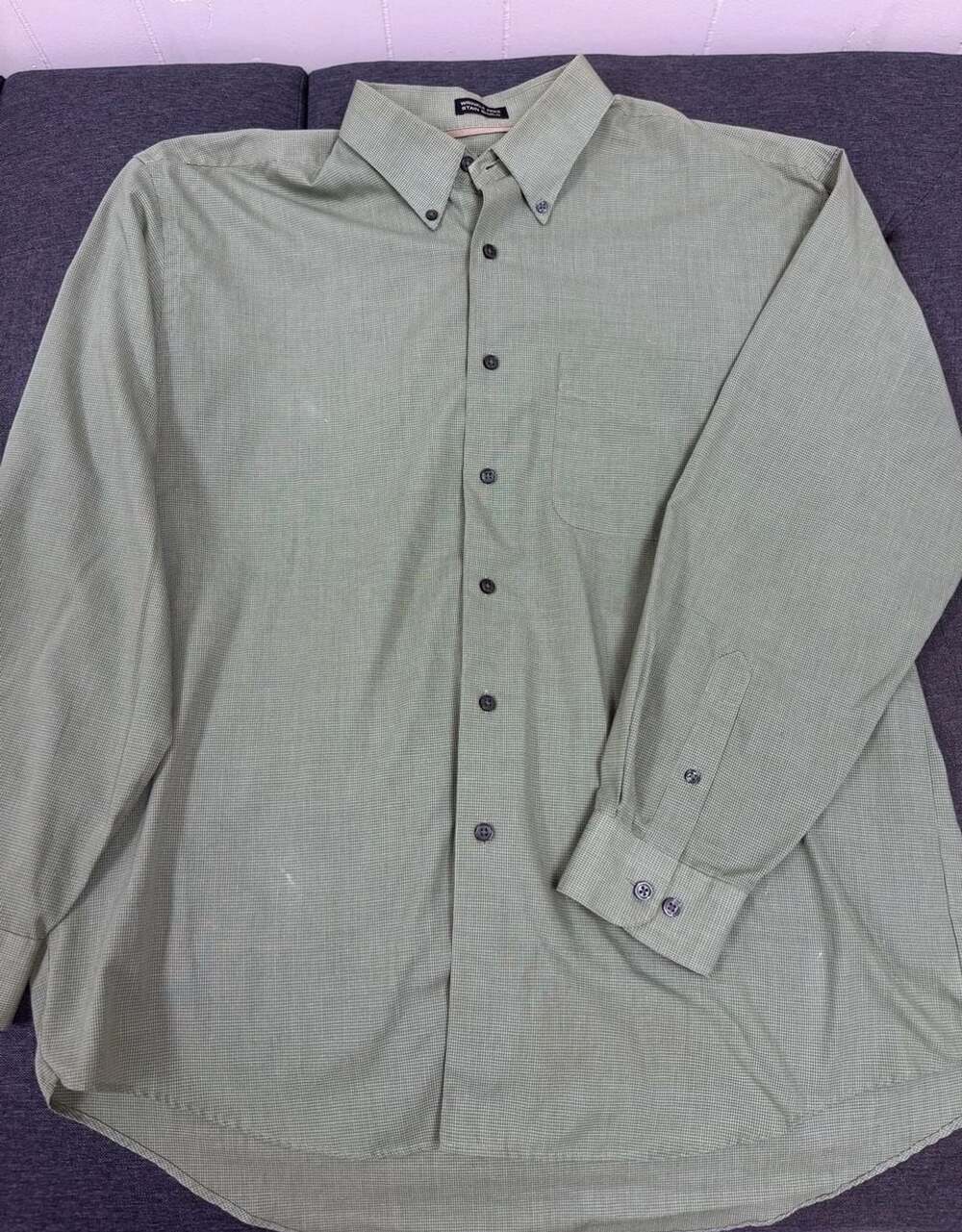 Van Heusen Wrinkle Free Stain Shield Green Micro Check Button Shirt Men 16-16.5